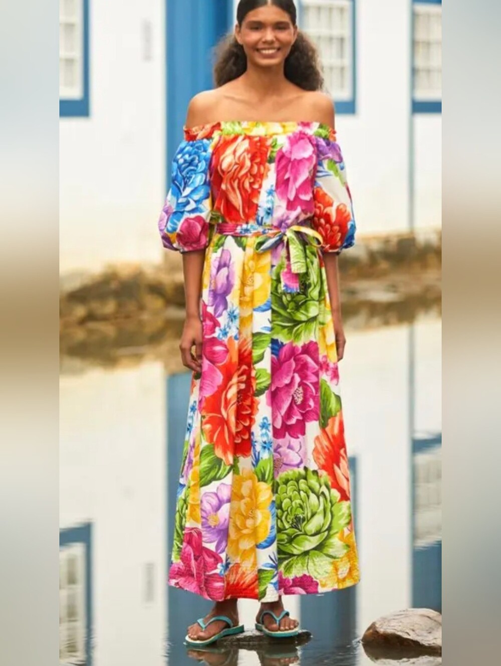 FARM Rio Rainbow Chita Off-the-Shoulder Maxi 100% Cotton Dress XS Beautiful !!